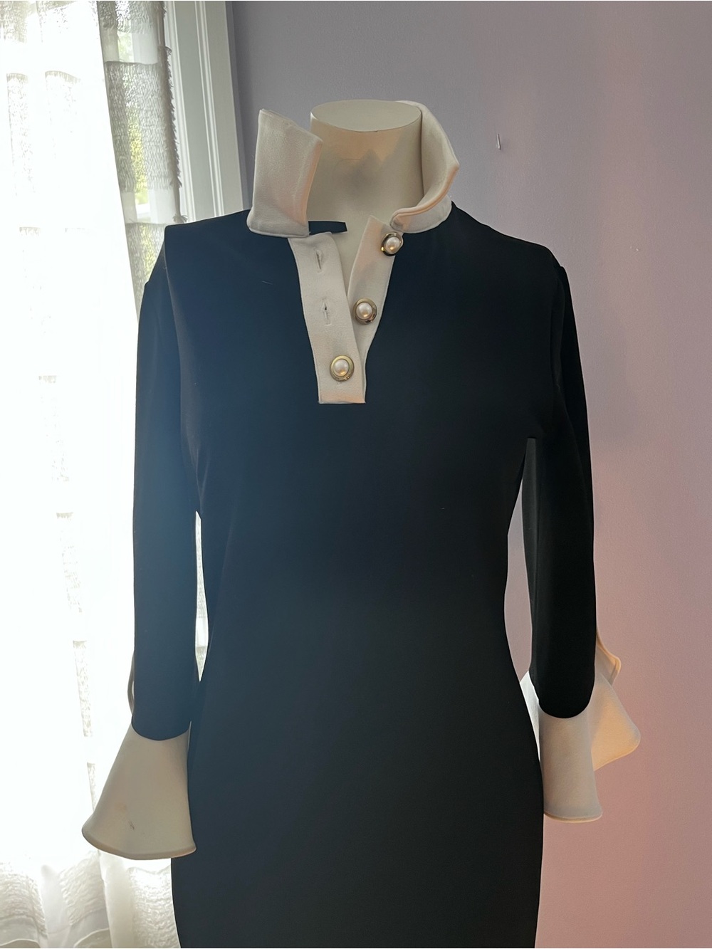 Karl Lagerfeld Black Dress with White Collar Placket and Cuff Accents